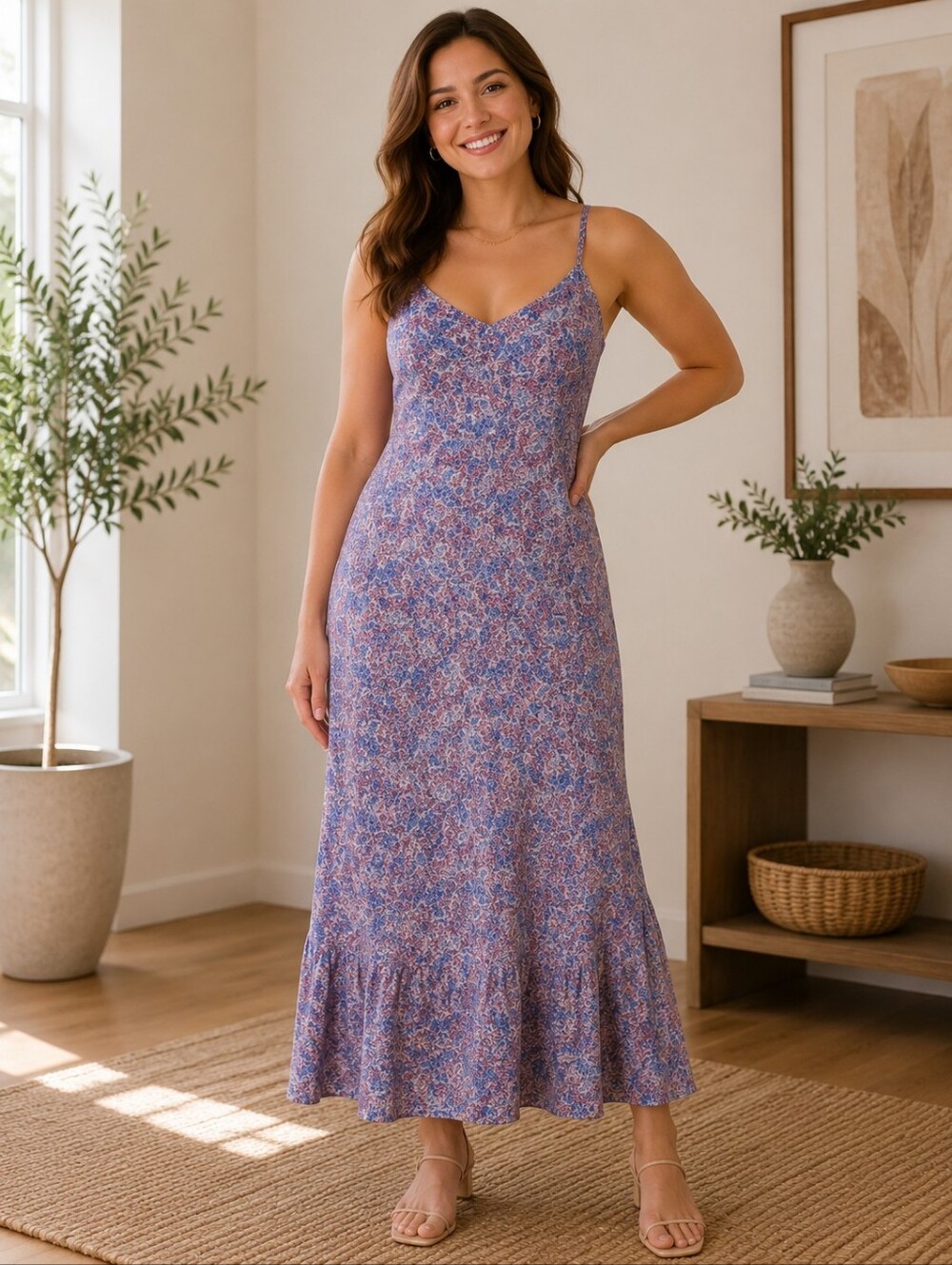 Nine Britton 1X Floral Maxi Dress Spaghetti Strap Ruffle Hem Boho Flowy Plus